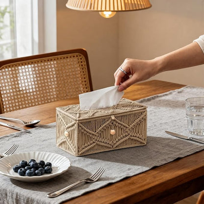 KaloKalo Handmade Tissue Box Cover Rectangle Decorative Macrame Boho Tissue Holder Cotton Rope Woven Napkin Facial Paper Organizer Bohemian Desk Storage Container with Buckle Wood Beads (Khaki)