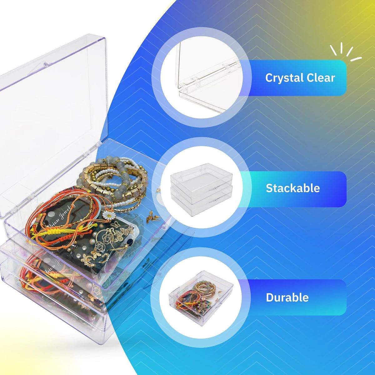 4-Pack Clear Hinged Plastic Containers, Keepsake Storage Boxes, 7"L x 5"W x 1.75"H, Made in USA, Plastic Display Case, Bead Storage or Craft Organizers and Storage Container