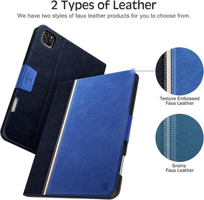 KingBlanc Case for iPad Pro 11 inch (M5 2025/M4 2024) with Pencil Holder, Vegan Leather Smart Stand Cover, Auto Sleep Wake, Support Pencil Pro/(USB-C), Viewing/Typing Angle, Durable Protection, Blue