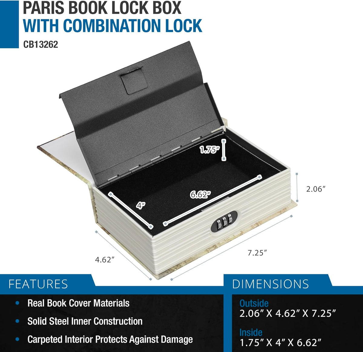 Barska Paris Hidden Book Safe – Combination Lock Diversion Lock Box – Portable Steel Safe for Home, Office, Travel – Secret Storage for Cash, Jewelry, Passport, Valuables