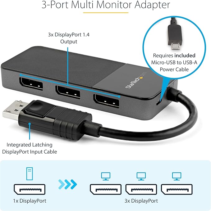 StarTech.com 3-Port DisplayPort 1.4 Splitter, DisplayPort to 3x DP
