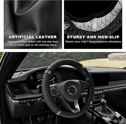 Bling Soft Leather Steering Wheel Cover, 14.5-15 Inch Sparkly Rhinestones Non-Slip Car Steering Wheel Protector, Elastic Auto Steering Wheel Cover Interior for Women Girls (Black)