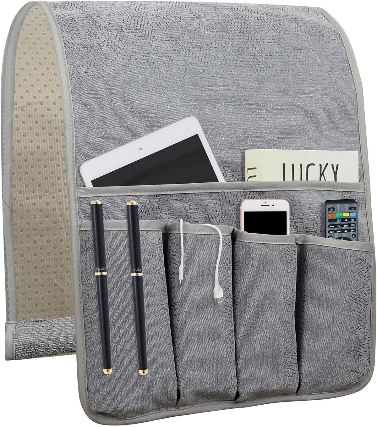 NB Sofa Armrest Organize remote holder bedside caddy organizer with 5 pockets，non-slip couch remote control holder couch armchair caddy accessories (Gray, 35"x12.4")