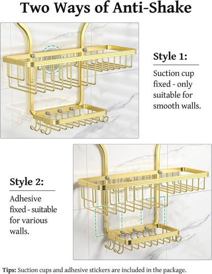 YASONIC Shower Caddy Over Shower Head Never Rust Aluminum Large Hanging Shower Caddy with 10 Hooks for Razor/Sponge - Over The Shower Head Caddy with Soap Basket - Hanging Shower Organizer Gold