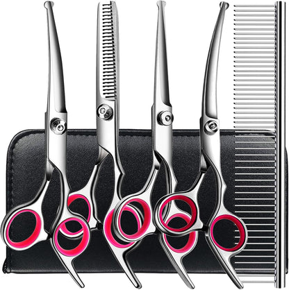 6 in1 Professional Dog Grooming Scissors Kit, Dog Shears for Grooming with Safety Round Tips, Titanium Coated Grooming Scissors for Dogs Cat Pet At Home