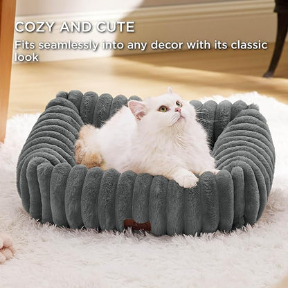 Bedsure Cute Dog Bed for Small Dogs & Cats - Washable Furry Puppy Beds, Rectangle Orthopedic Corduroy Fleece Pet Beds with Removable Zipper Cover, 20x19x6inches, Warm Grey