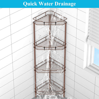 4 Tier Floor Standing Corner Shower Caddy Organizer Shelf with Hooks, Bathroom Shelves Stand Rack, Coffee
