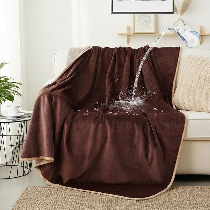 CAPT.SNOOZE Water Proof Blanket 50x60 Inches - Reversible Flannel Blanket for Bed, Sofa,Couch- Spillproof, Leakproof Soft Double-Sided Brown Throw Blanket for Adults, Pets, Couples