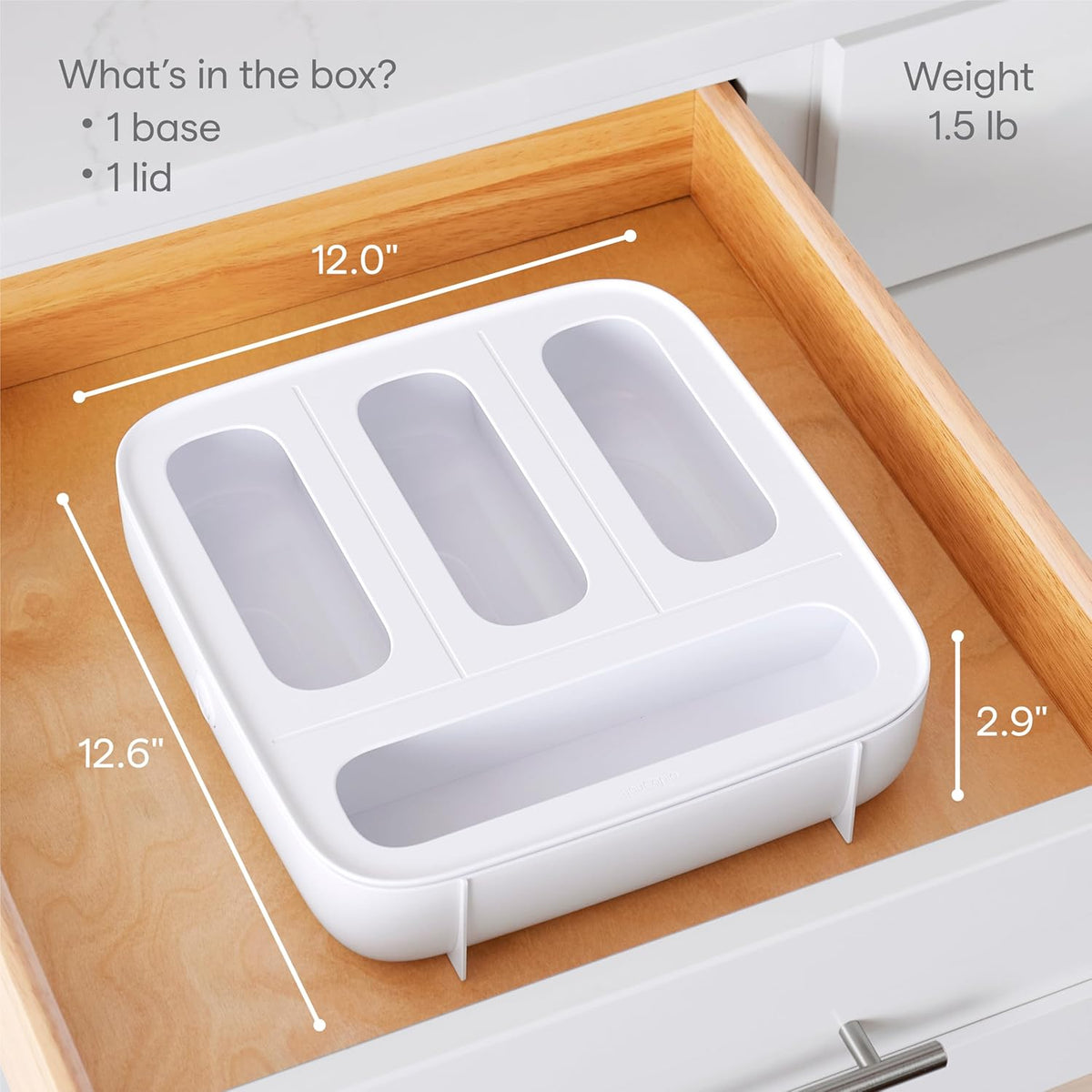 YouCopia StoraBag Food Bag Dispenser, Family Size 4-Slot, Plastic Sandwich Bags Drawer Organizer for Kitchen Storage