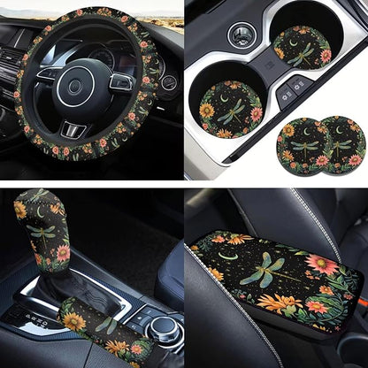 Dragonfly Print 6 Pcs car Steering Wheel Cover Handbrake Gear Cover Cup Coaster Armrest Cover Cars Interior Decor Protector Fit for SUV Truck Sedan