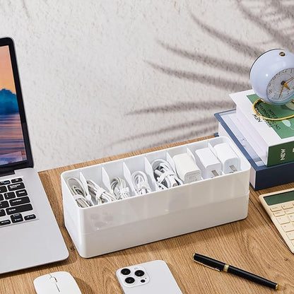 Tatuo 2 Pcs Cable Organizer with 20 Wire Ties, Plastic Cord Storage Charger Electronics Box with Adjustment Compartments for Drawer Home Office Desk Accessories (White)