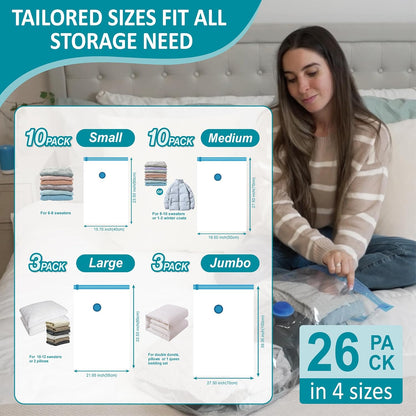 26 Pack Vacuum Storage Bags with Portable Rechargeable Wireless Electric Pump, Vacuum Seal Space Saver Bags for Clothing, Pillows, Blanket, Bedding, Comforters