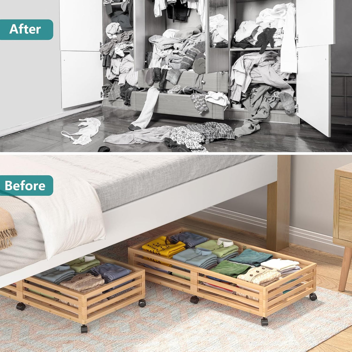 Wisuce Bamboo Under Bed Storage Containers- Underbed Organizer with Wheels with Large Dust Bag,Sturdy Wood Rolling Under the Bed Shoe Storage Organizer Drawer 2 Packs (Nature, Long)