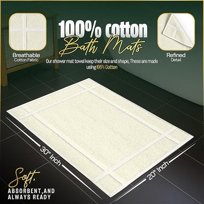 Pearl Linens Pack of 2 100% Cotton Bathmat 20x30 inches, Soft & Absorbent Quick Dry Bathroom Mat Set, Not Bathroom Rugs, After Shower Mat, Bath Tubmat, 687 GSM, Machine Washable, Ivory