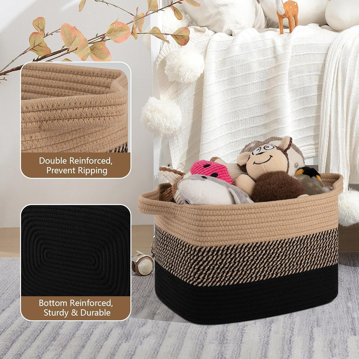 Storage Basket for Organizing, Woven Baskets for Storage, Rectangle Decorative Baskets for Shleves, Closet, Toys, Books, Nursery Organizer Bins - Pack of 3 (Black & Brown, 13"x9.85"x8.7")