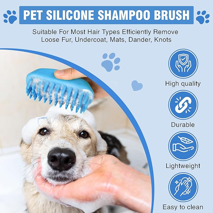 Dog Shampoo Brush & Dog Shower Brush, Upgraded Pet Grooming Bath Brush with Soft Silicone Bristles, Adjustable Handle Massage Comb for Long & Short Hair Dogs and Cats