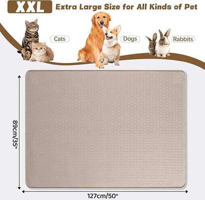 Bartuke Cat Food Mat, 50" x 35" Extra Large Silicone Pet Feeding Mat with Raised Edge Pet Placemat for Food and Water Bowl Non-Slip, Easy to Clean, Floor Protection (Khaki)