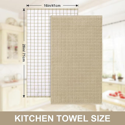 Homaxy Premium Cotton Kitchen Towels 16"x 28", Large Natural Ring Spun 390 GSM Dish Towels, Super Absorbent Terry Kitchen Hand Towels, Soft Tea Towels with Hanging Loop, Tan Check Design, 12 Pack