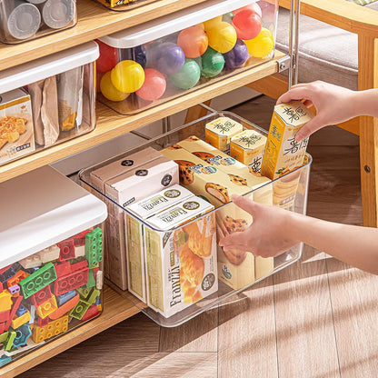 Clear plastic storage bins with LIDS-3packs,storage containers for snacks, cosmetics, books, dog food, Storage Organizer for Nursery，Kitchen, Living room,Bedroom, Bathroom, Office (Clear-White Lid)