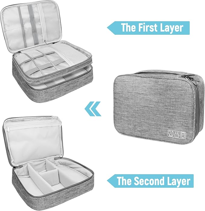 Electronics Travel Organizer,Large Double Layer Portable Waterproof Travel Organizer Bag for Charging Cable Storage,Ipad,Power Bank,Hard Drive etc,for Travel,Business,5pcs Cable Ties-Grey