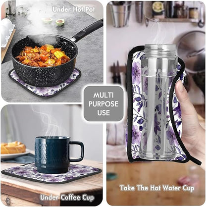 Flower Oven Mitts and Pot Holders Sets, 2 Pcs Purple Floral Decorative Kitchen Oven Glove for Cooking