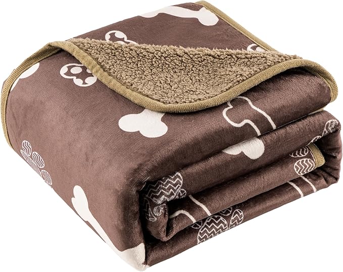 CAPT.SNOOZE Waterproof Dog Blankets Pet Blanket 50"x60", Soft Fluffy Sofa Car Bed Protector, Reversible Sherpa Fleece Dog Blanket for Large Dogs (Chocolate Brown-Bones)
