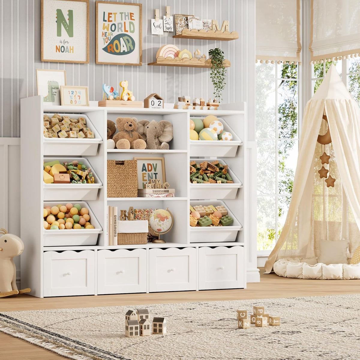 HITHOS 55" W Kids Toy Storage Organizer, Large Toy Box with Bookshelf, Toy Chest with 3 Cubes Storage Organizer, 6 Toy Organizers and Storage Bins, 4 Rolling Drawers for Kids Room, Playroom, White