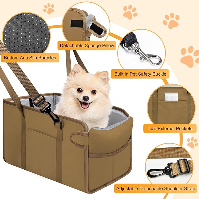 Portable Dog Car Seat for Small Dogs - Adjustable Safety Leash, Washable Cushion & Storage Pocket - Pet Booster Seat for Car Travel- Khaki