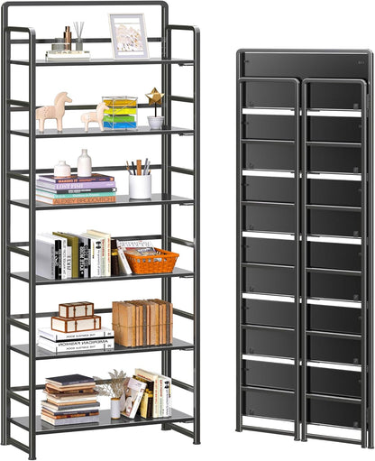 4NM No Assembly 6 Tiers Folding Bookshelf Storage Shelves Vintage Bookcase Standing Racks Study Organizer Home Office (All Black)