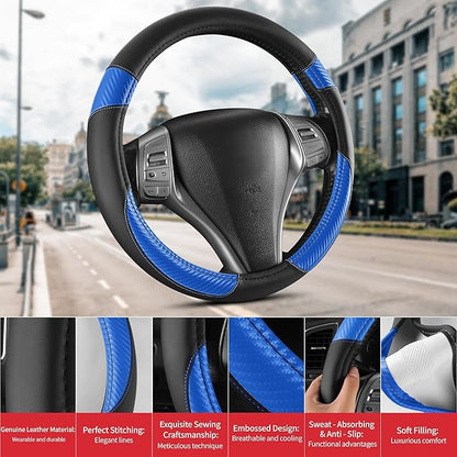 Non-Slip Car Nappa Leather Steering Wheel Cover,Universal Car Accessories Women Men Fit 14" 1/2-15" Suvs/Vans/Sedans/Cars/Trucks,Blue