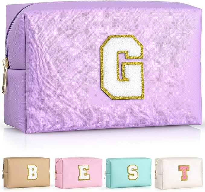 TOPEAST Travel Makeup Bag, Personalized Initial Toiletry Bag w Zipper, Cute Makeup Pouch, PU Leather Waterproof Cosmetic Bag, Birthday Gift for Daughter, Preppy Things for Girls (Purple G)
