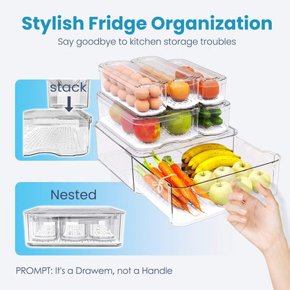 8 Pack Refrigerator Organizers, Clear Pull-out Drawer Container and Organizer Bins with Lids, Stackable Storage Containers for Fruits, Vegetable (Set of 6 (Include Pull-out Drawer))