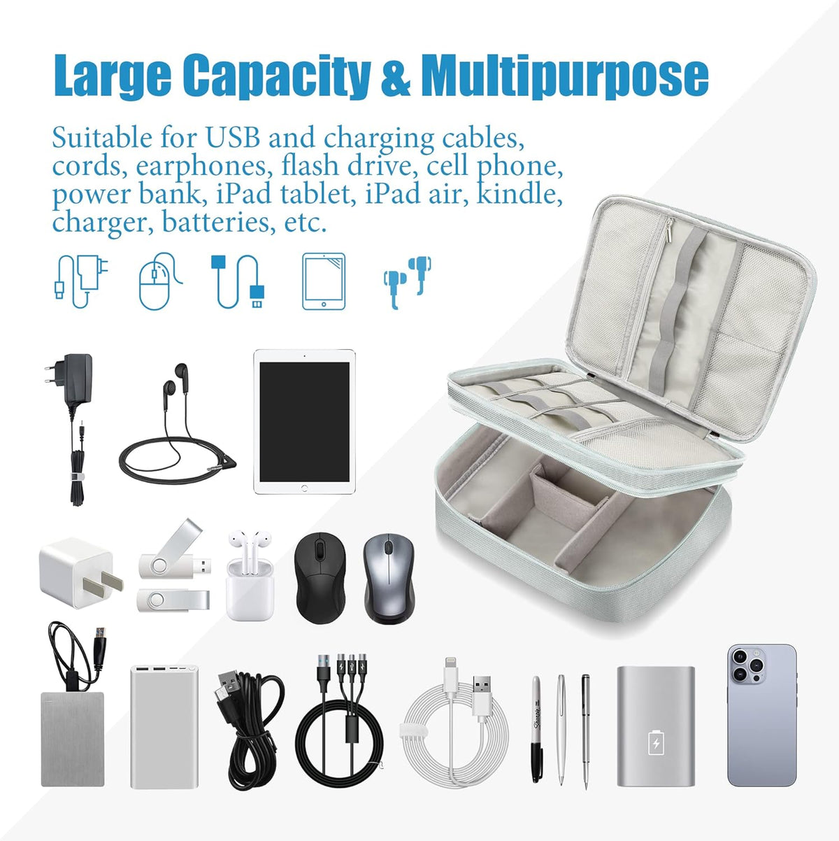 SELLYFELLY Electronics Travel Organizer, Double Layer Cable Organizer Bag Watreproof Electronics Accessories Storage Bag for Cord, Charger, Phone, Power Bank, Hard Drive