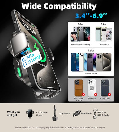 Dual Coil 15W Cup Phone Holder Mount,Wireless Car Charger Auto-Clamping Fast Charging Vent Phone Holders for Your Car for iPhone Series,Samsung Flip S24 S23 S22 Ultra (Black-White)