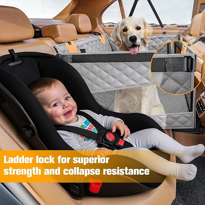 PETICON Large Dog Car Seat, Back Seat Extender for Dogs with 3 Mesh Windows, Waterproof Medium Carseat for Dogs with Hard Bottom, Pet Seat Cover for Cars, Trucks and SUVs (Gray)