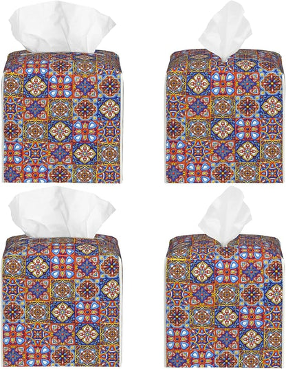 Mexican Talavera Ceramic Tile Tissue Box Cover Square, Retro Boho Flowers Tissue Box Holder Waterproof Leather Facial Paper Organizer Dispenser for Bathroom Home Car Nightstand Vanity Desk