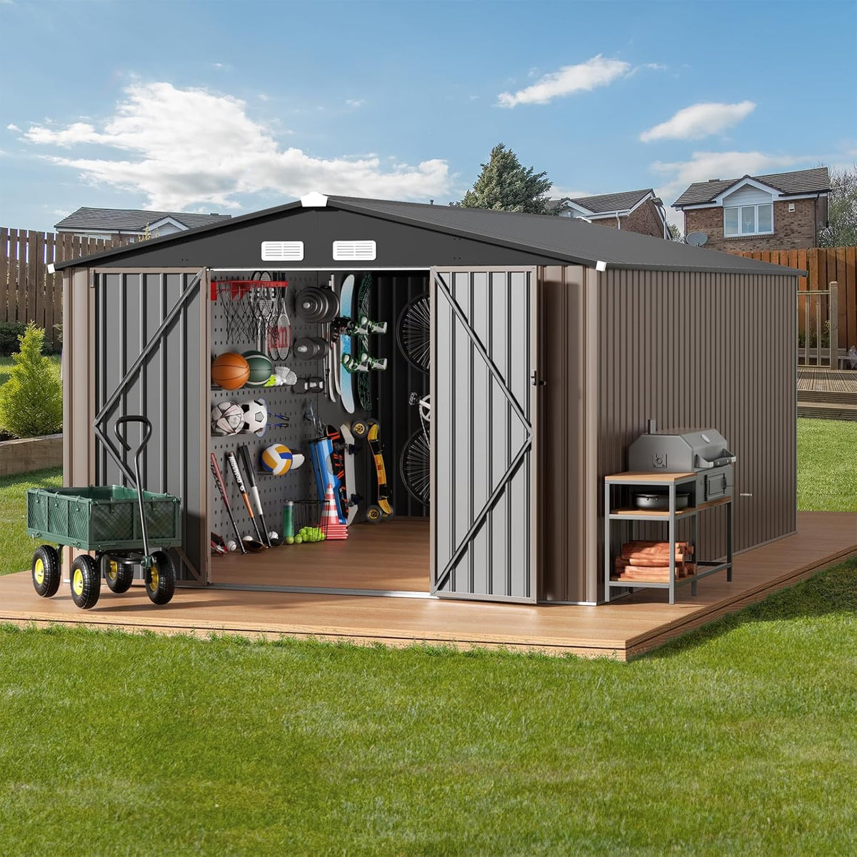 GVDV 10x14 FT Outdoor Metal Storage Shed, Durable Garden Shed with Updated Frame Structure for Backyard, Patio, Tool Storage, All-Weather Shelter for Bike, Gardening Tools, Lawn Mowers