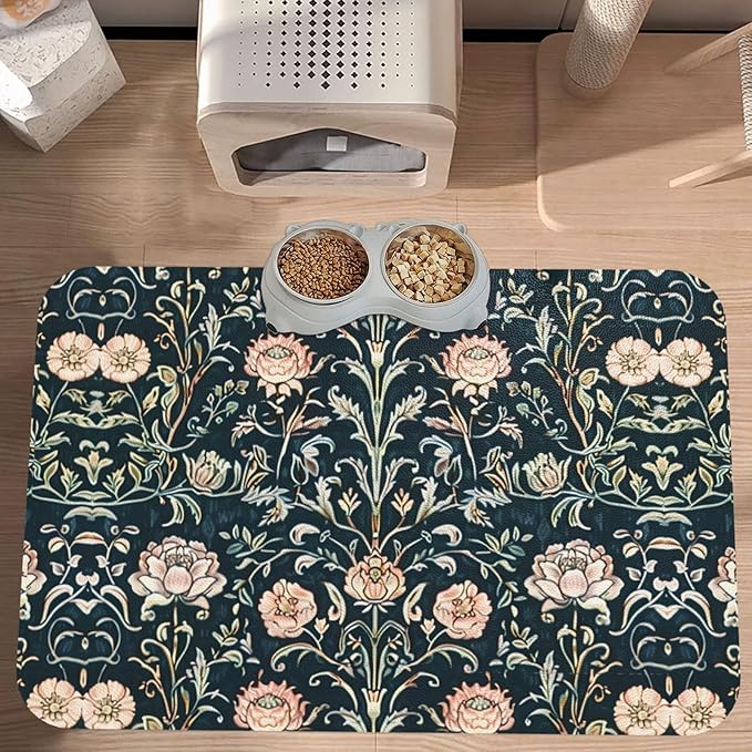 Pink Vintage Flower Dog Food Mat Absorbent Bowl Mats No Stains Quick Dry Waterproof Pet Cat Placemats for Food and Water, 30x45cm