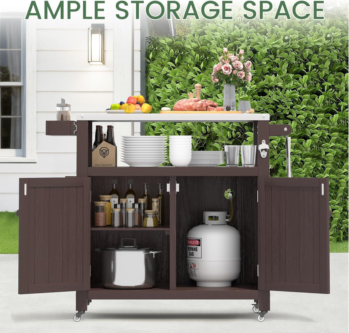Weatherproof HIPS Outdoor Kitchen Island with Stainless Steel Top & Storage Cabinet, Movable Prep Table with Wheels for BBQ Food Prep, Outdoor Grill Cart for Parties, Brown