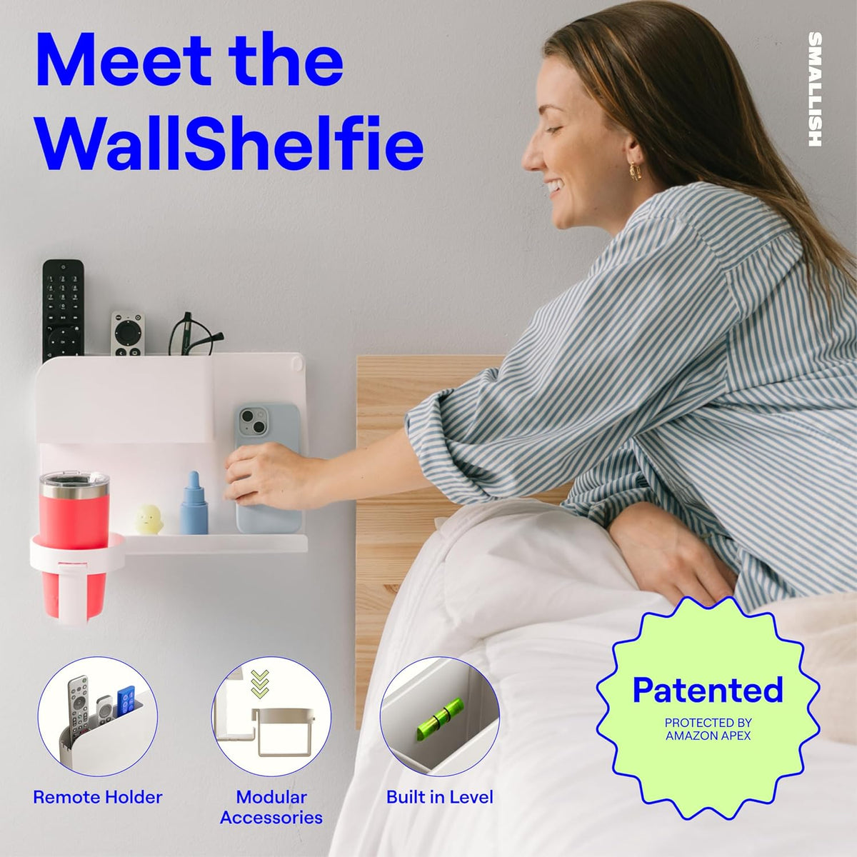 WallShelfie Bedside Wall Organizer & Bedside Shelf, Room Decor, Dorm Room Essential, Floating Bedside Shelf Wall Mount Organizer, Remote Control Holder, RV Accessories, Floating Shelves (White)