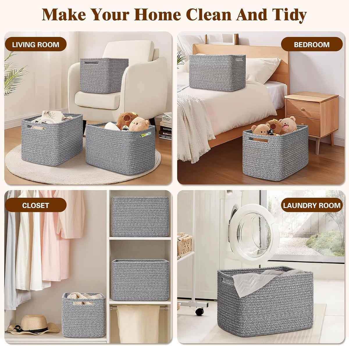 Storage Baskets for Organizing, 4 Pack Storage Baskets for Shelves, Woven Basket for Shelves, Closet Organization, Rectangle Organizer Basket Gifts Empty, 13"Lx8.7"Wx7.9"H Decorative Bins with Handles