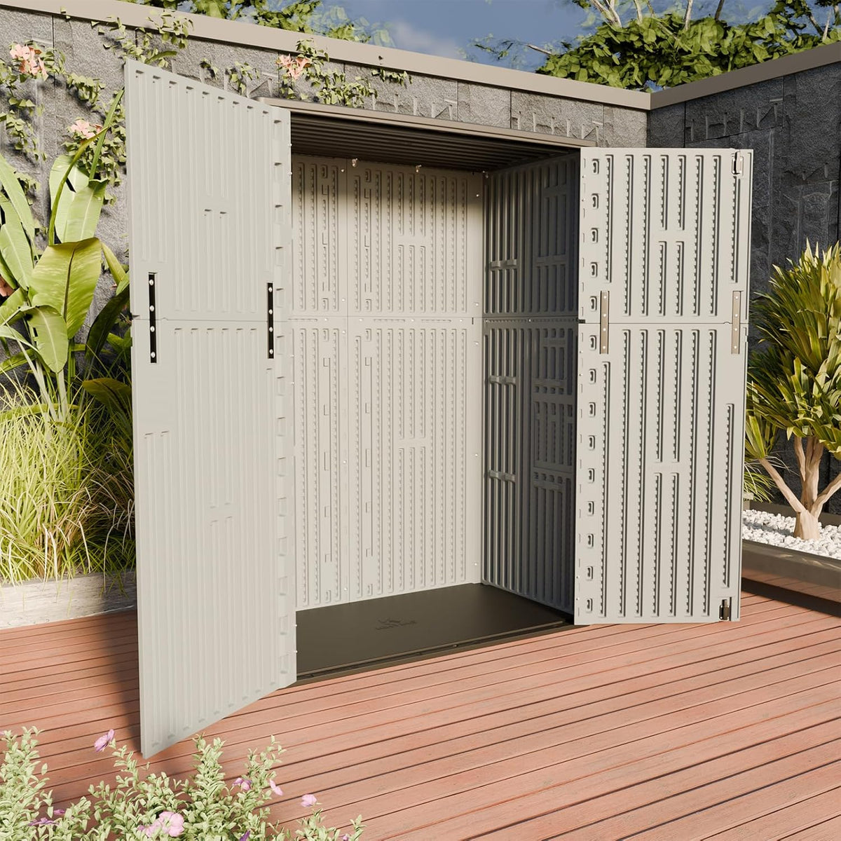 HOMSPARK Outdoor Storage Shed Weather Resistance, Patio Storage Cabinet Lockable Resin Tool Shed for Storage of Bike, Trash Cans, Garden Tools (Light Gray, 66 Cu.ft)
