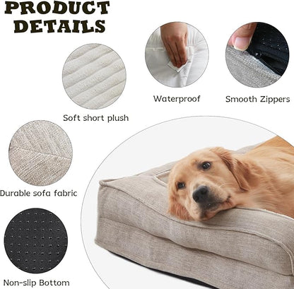 WINDRACING Orthopedic Dog Beds for Medium Dogs, Waterproof Egg Foam Dog Sofa Bed with L Bolster Sides, Washable Medium Pet Bed with Removable Cover & Non-Slip Bottom, 31 x 25 inch, Beige