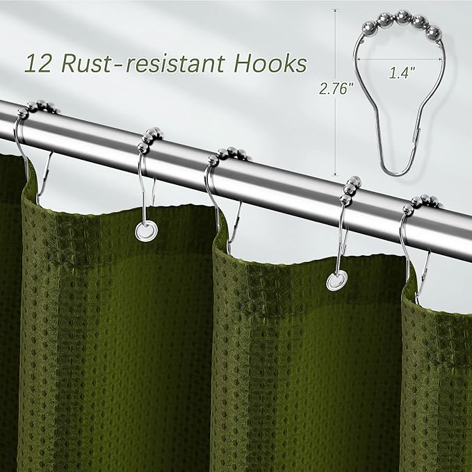 PANGSINNE Long Waffle Army Green Shower Curtain, Heavy Duty Fabric Shower Curtain with Waffle Weave Hotel Quality Bathroom Shower Curtains, 72 x 78 Inches