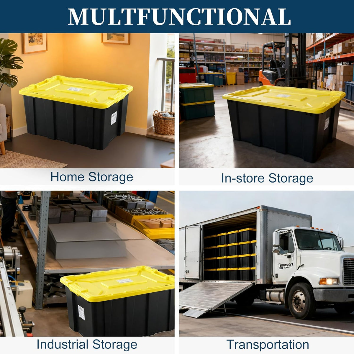 4-Pack Industrial Tote, Plastic Storage Container Bins with Lids, 27 Gallon - Heavy-Duty Organizing Containers for Home, Warehouse, and Transport