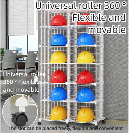 Stackable Safety Helmet Storage Boxes, Large Adjustable Hard Hat Placement Organizer Rack,with Wheels,for Construction Site/Garage/Workshop/Factory Helmet Display Shelf (White, 18 Grids-3 * 6)