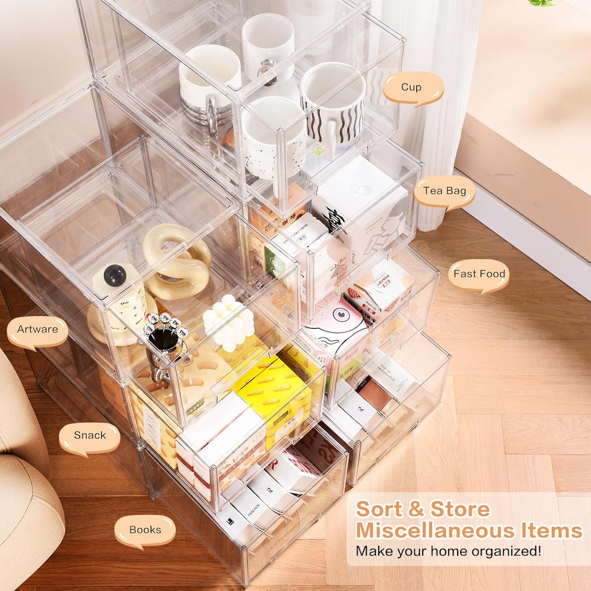 DILIBRA 2 Packs Plastic Stackable Storage Organizer Bins with Pull Out Drawer, Large Clear Acrylic Storage Drawers Container Boxes for Fridge Pantry Shelf Clost Refrigerator Organization and Storage