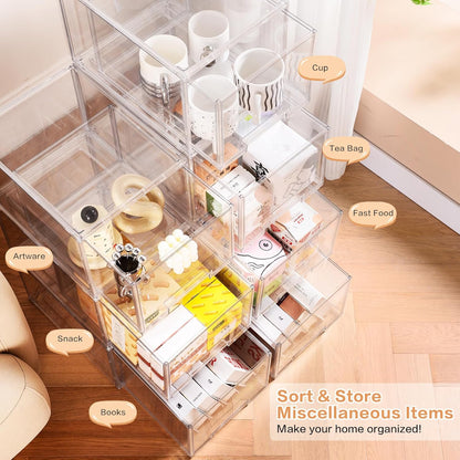 DILIBRA 2 Packs Plastic Stackable Storage Organizer Bins with Pull Out Drawer, Large Clear Acrylic Storage Drawers Container Boxes for Fridge Pantry Shelf Clost Refrigerator Organization and Storage