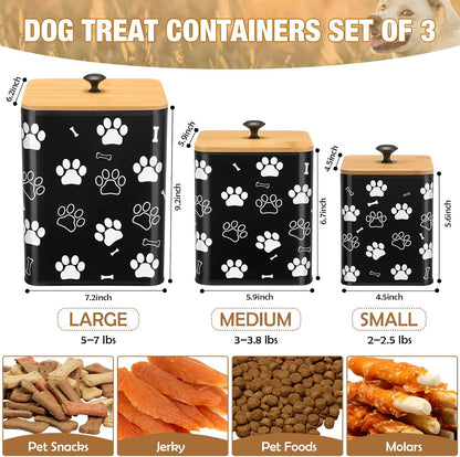 Airtight Dog Food Containers with Bamboo Lids, Metal Dog Treat Jars Canisters for Kibble, Biscuits, Snacks, Cookies, Pet Food Storage Set for Kitchen Counter Christmas Gift(Black)