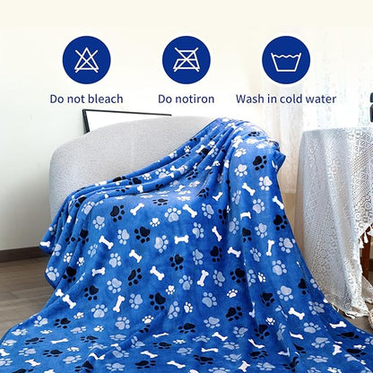AIWEK Dog Blanket Paw Bone Pattern 1 Pack 1 Super Soft Warm Flannel Sofa Cover Car Bed Protector, Urine Proof Washable Outdoor Pet Blanket for Puppy Large Dogs & Cats,80"*60" Blue